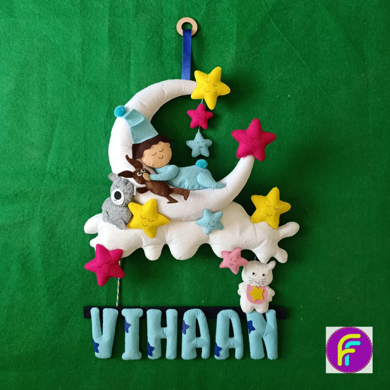 Sleeping Baby On Moon - One Name | Personalised Felt Kids Hanging