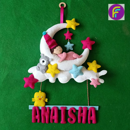 Sleeping Baby On Moon - One Name | Personalised Felt Kids Hanging