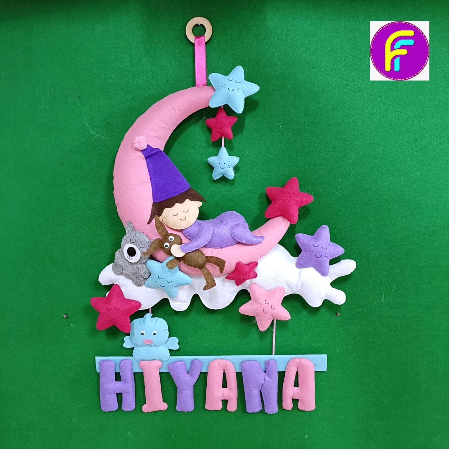 Sleeping Baby On Moon - One Name | Personalised Felt Kids Hanging