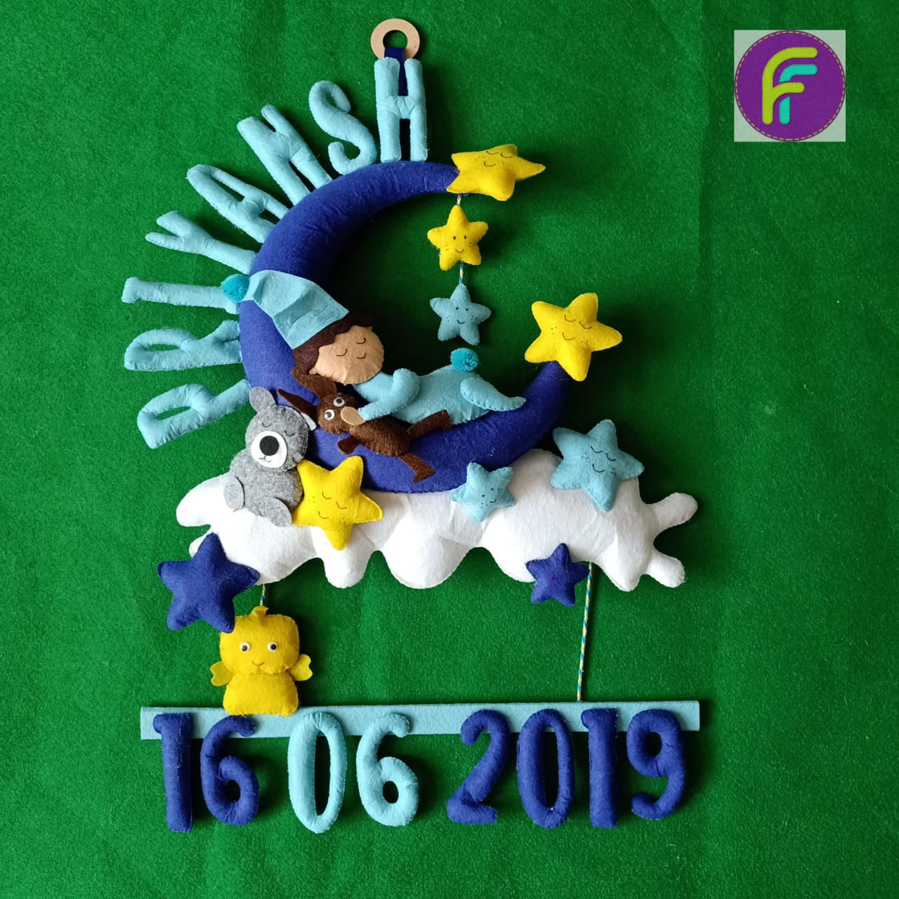 Sleeping Baby On Moon | Personalised Felt Kids Hanging