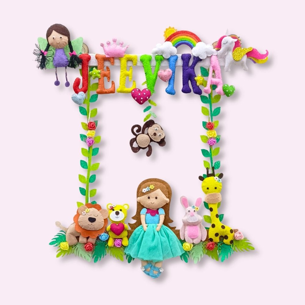 Girl with Nature Buddies | Personalised Felt Kids Hanging | Premium Range