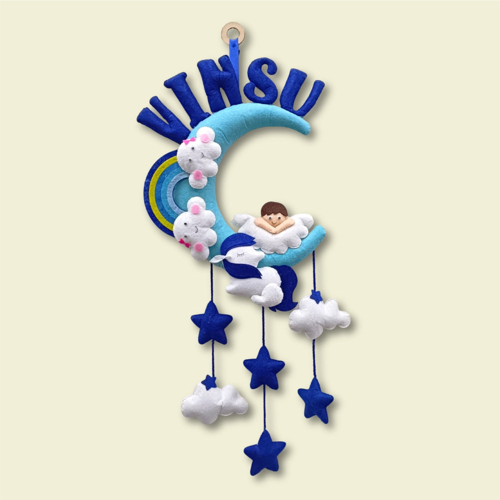 Angel With Unicorn on Moon | Personalised Felt Kids Hanging