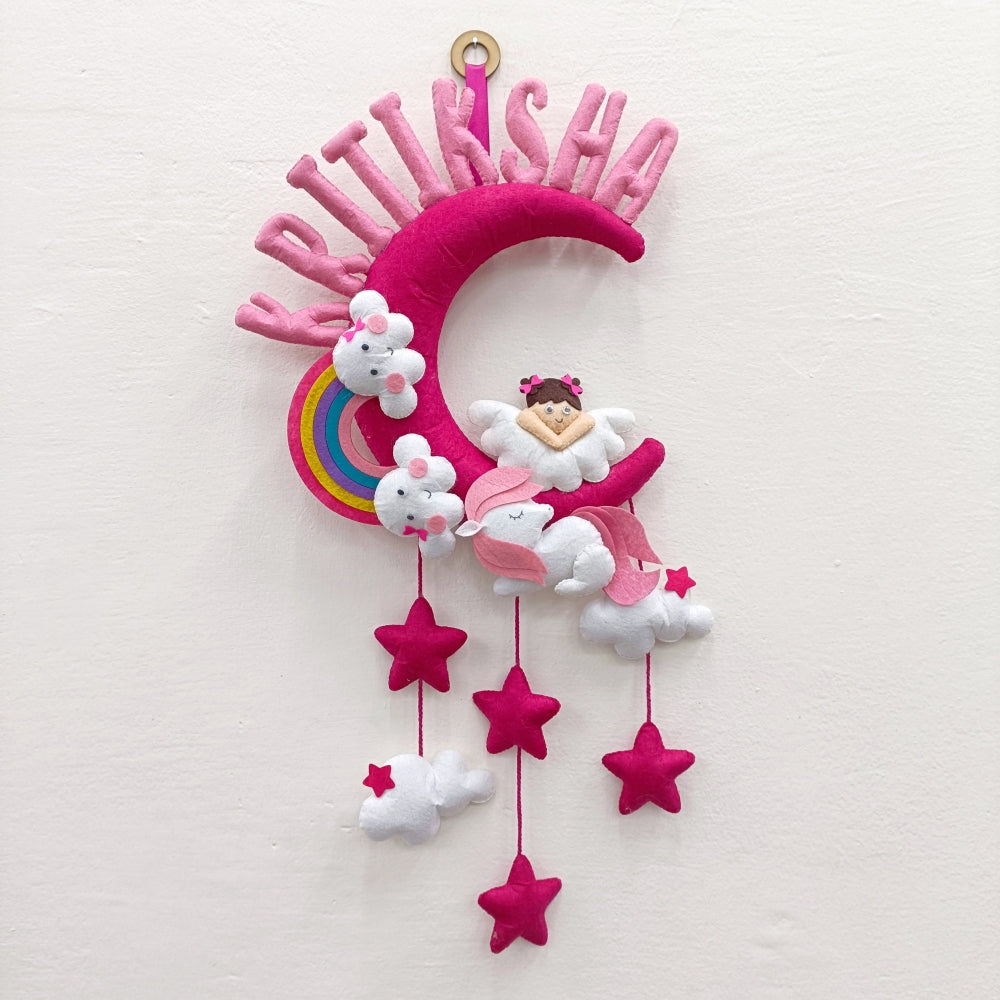 Angel With Unicorn on Moon | Personalised Felt Kids Hanging