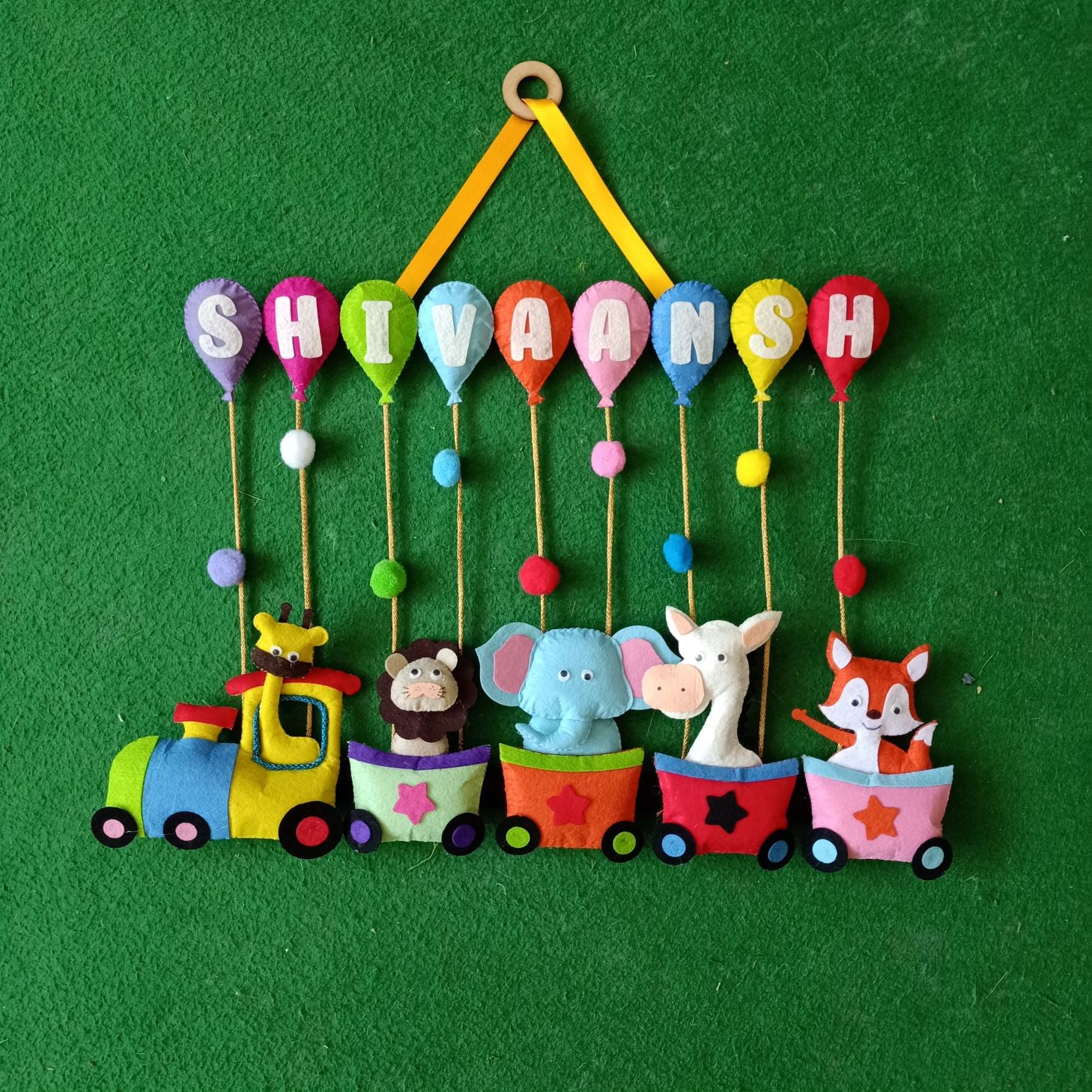 Animal Train with Balloons | Personalised Felt Kids Hanging