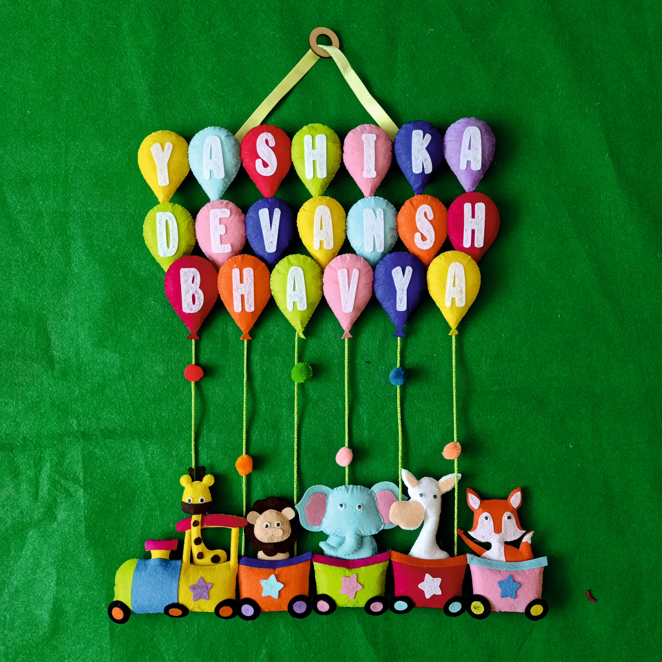 Animal Train with Balloons | Personalised Felt Kids Hanging