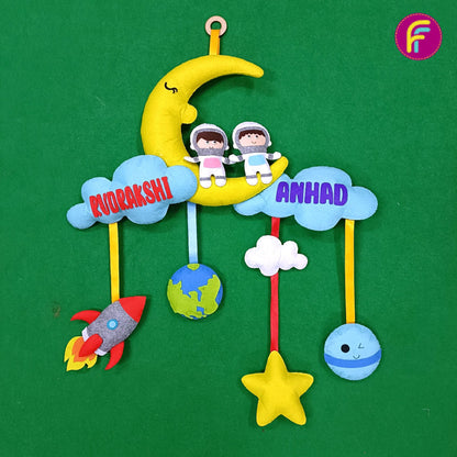 Astronaut Siblings Hanging With Moon and clouds | Personalised Felt Kids Decor