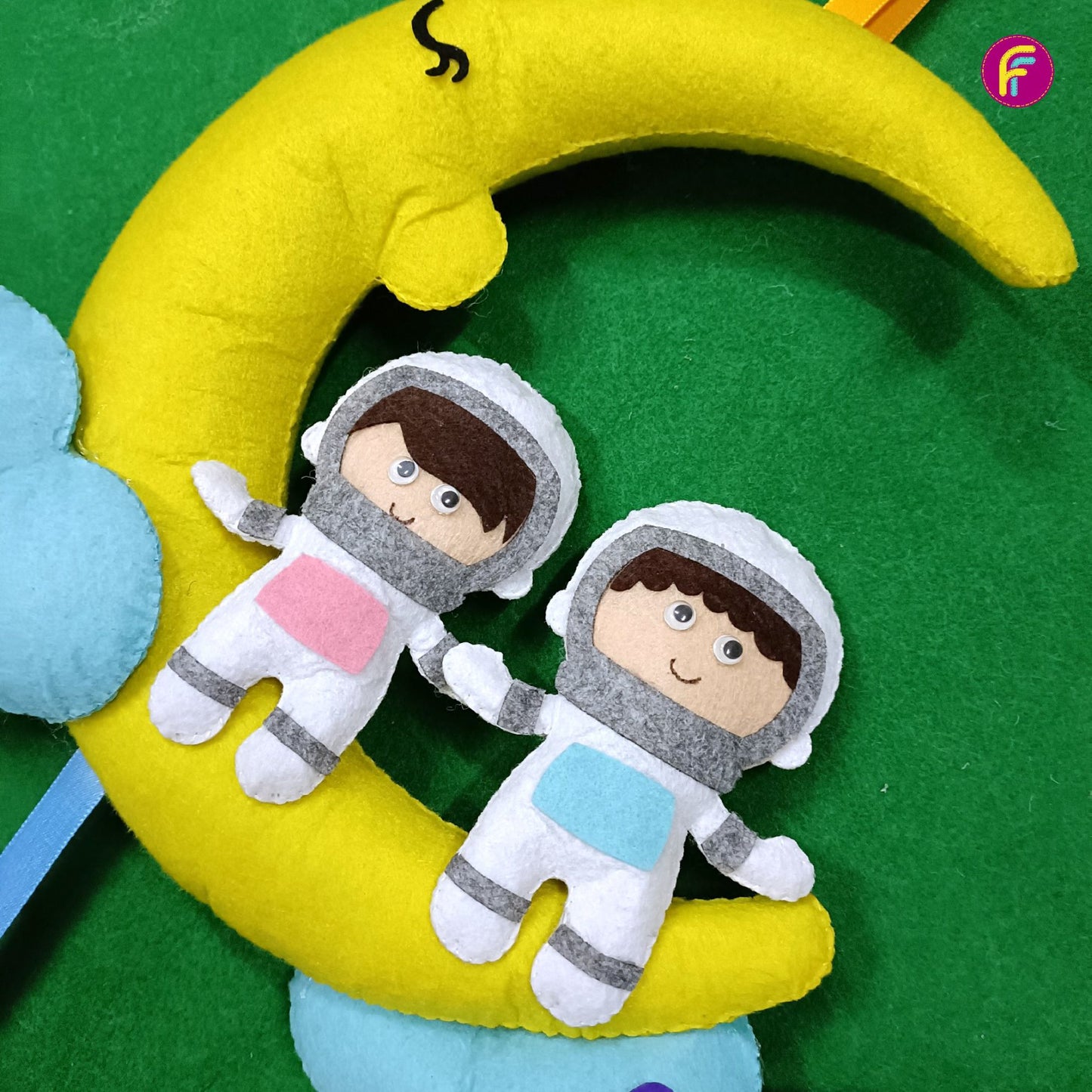 Astronaut Siblings Hanging With Moon and clouds | Personalised Felt Kids Decor