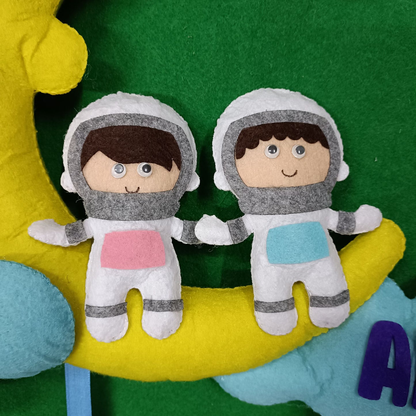 Astronaut Siblings Hanging With Moon and clouds | Personalised Felt Kids Decor