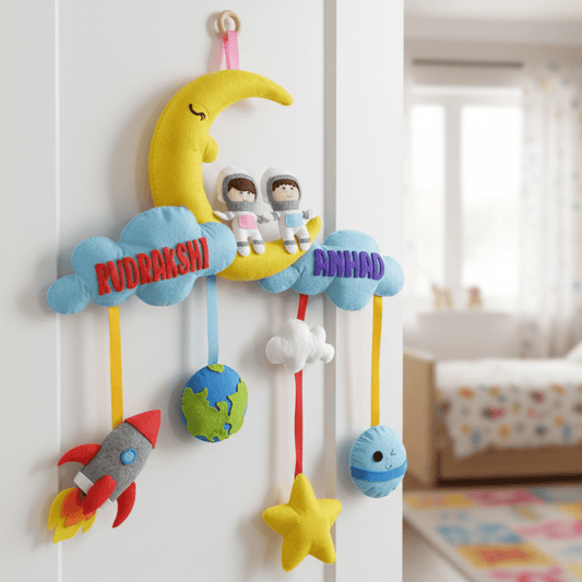 Astronaut Siblings Hanging With Moon and clouds | Personalised Felt Kids Decor