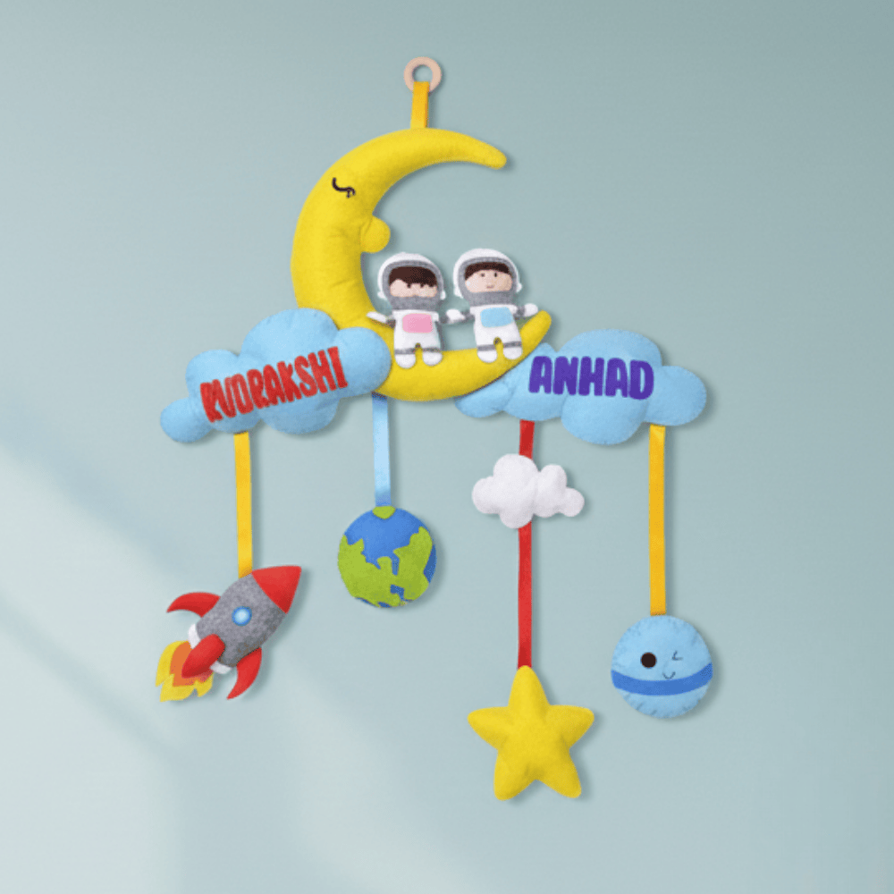 Astronaut Siblings Hanging With Moon and clouds | Personalised Felt Kids Decor