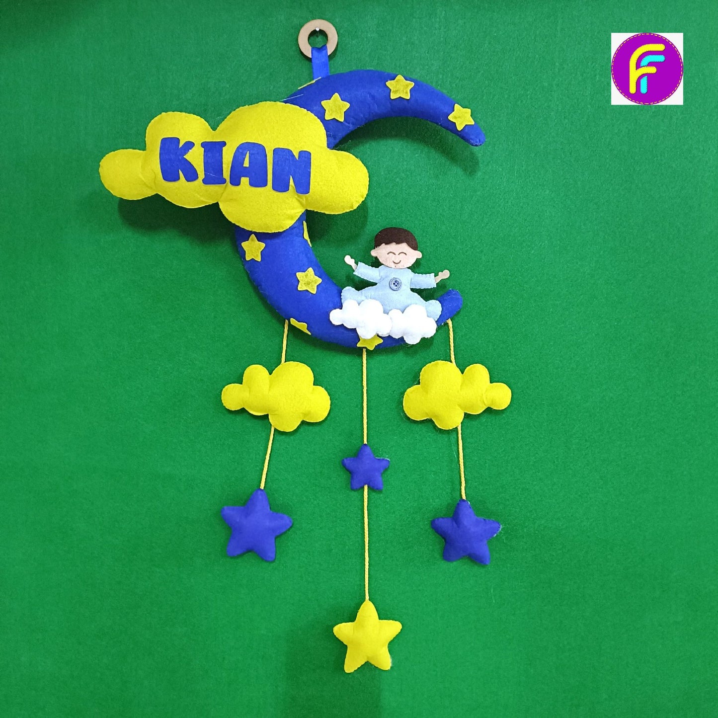 Baby Sitting on Moon with Cloud | Personalised Felt Kids Hanging