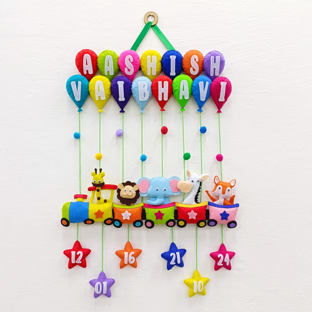 Animal Train with Balloons | Personalised Felt Kids Hanging