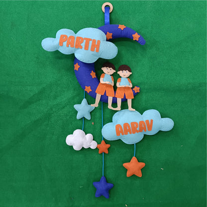 Boy with Moon and Cloud | Personalised Felt Kids Hanging | Sibling