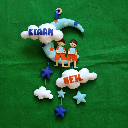 Boy with Moon and Cloud | Personalised Felt Kids Hanging | Sibling