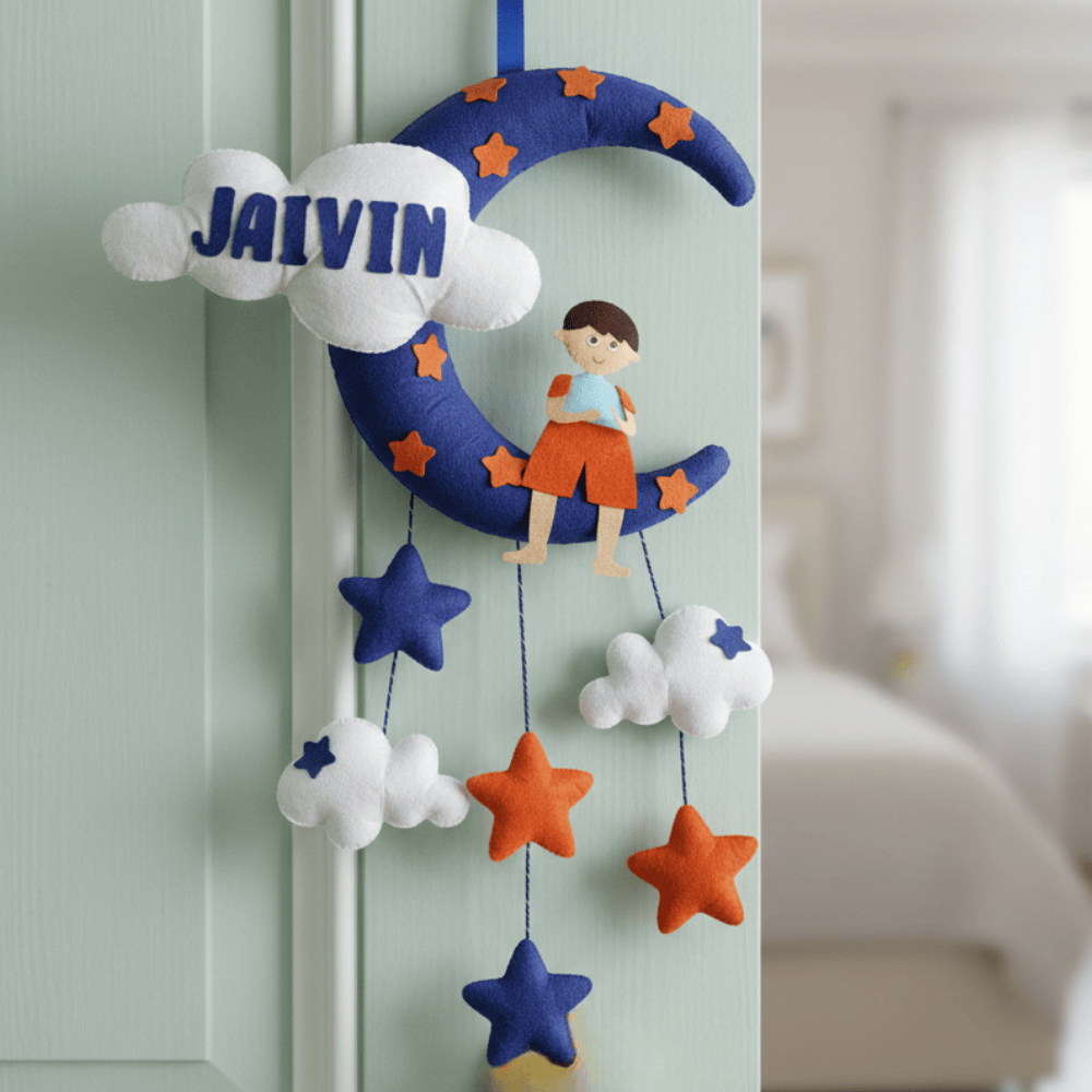 Boy with Moon and Cloud | Personalised Felt Kids Hanging | Sibling