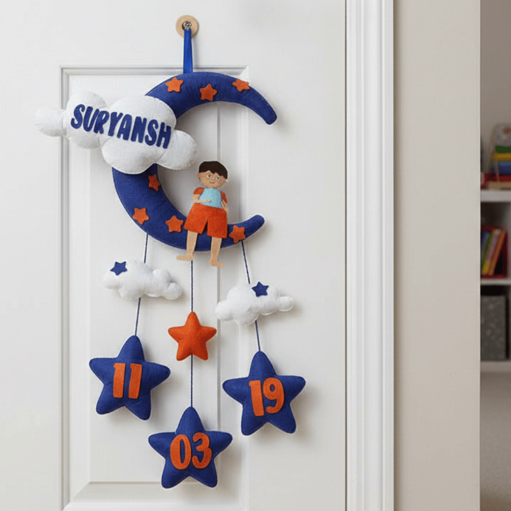 Boy with Moon and Cloud | Personalised Felt Kids Hanging | Sibling