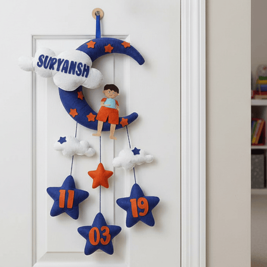 Boy with Moon and Cloud | Personalised Felt Kids Hanging | Sibling
