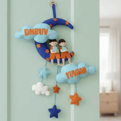 Boy with Moon and Cloud | Personalised Felt Kids Hanging | Sibling