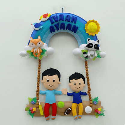 Brothers on Swing with Rainbow | Personalised Felt Hanging | Siblings | Boys