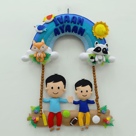 Brothers on Swing with Rainbow | Personalised Felt Hanging | Siblings | Boys