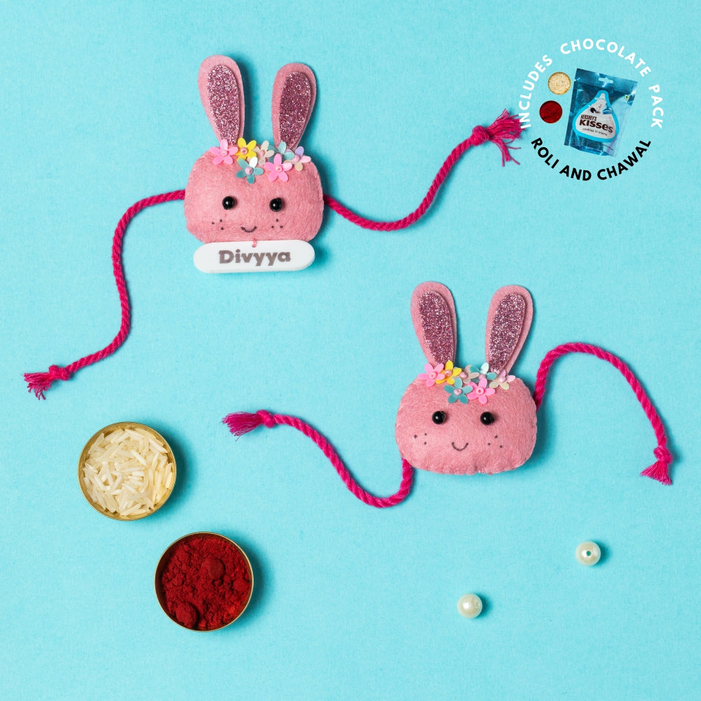 Bunny Rakhi Combo with Chocolates, Roli and Chawal | Personalised Kids Rakhi