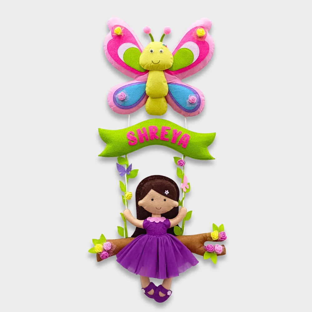Butterfly with Doll on Swing | Personalised Felt Kids Hanging