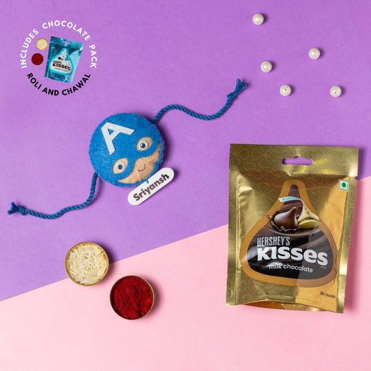 Captain America Rakhi Combo with Chocolates, Roli and Chawal | Personalised Kids Rakhi