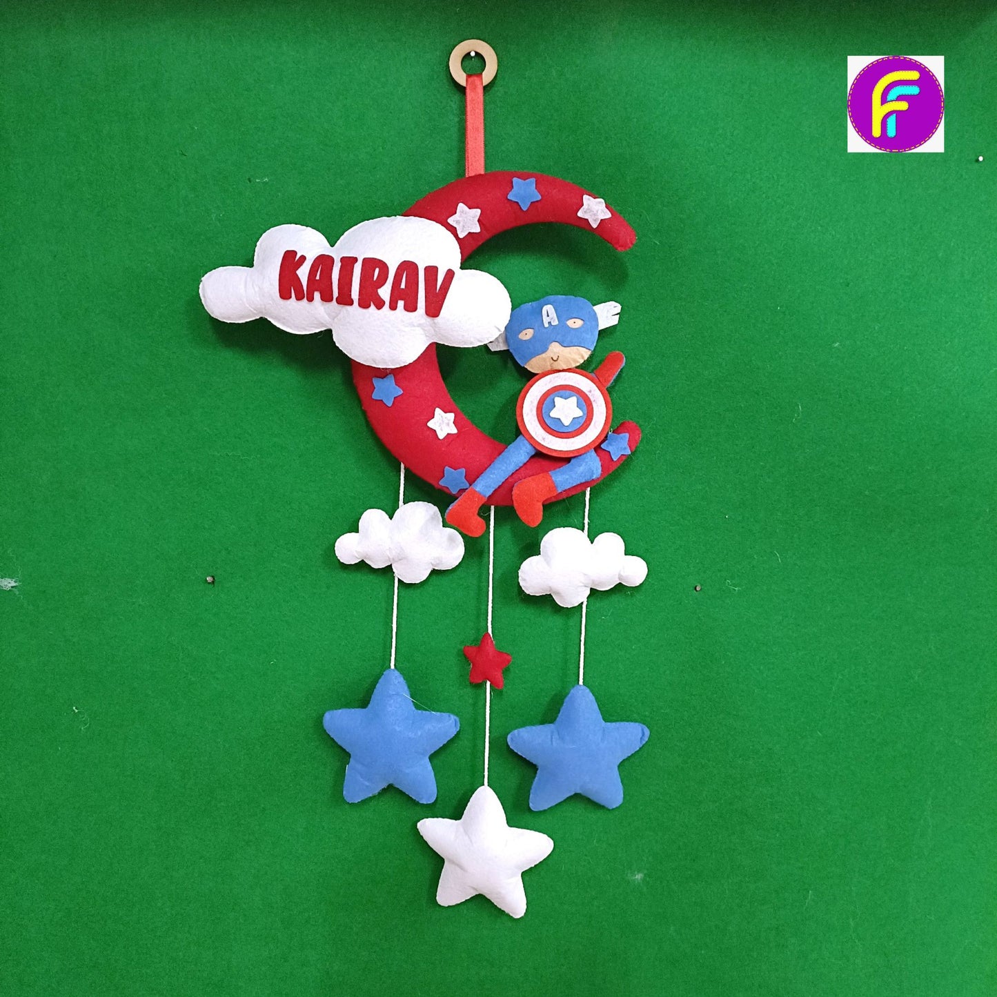 Captain America with Moon and Cloud | Personalised Felt Kids Hanging