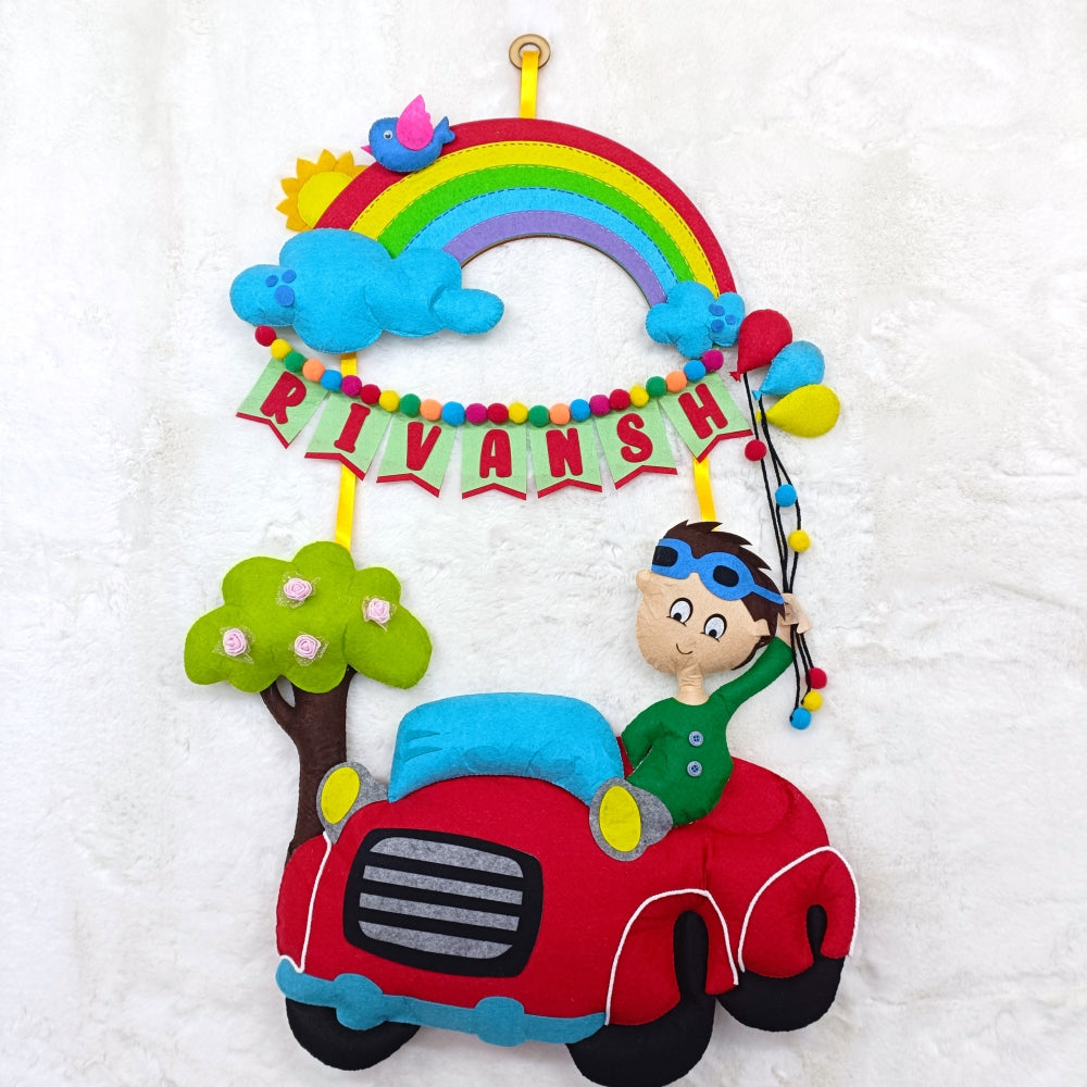 Car with Rainbow | Personalised Felt Kids Hanging