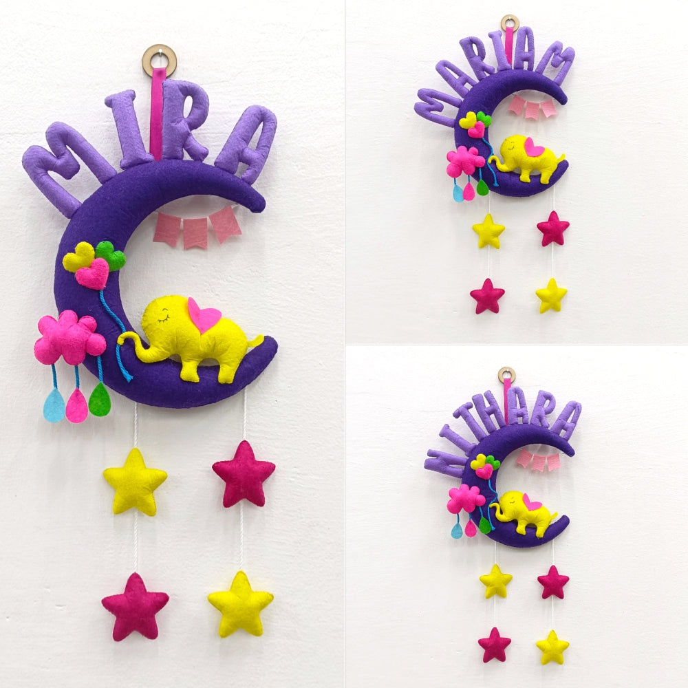 Cute Jumbo Elephant On Moon | Personalised Felt Kids Hanging