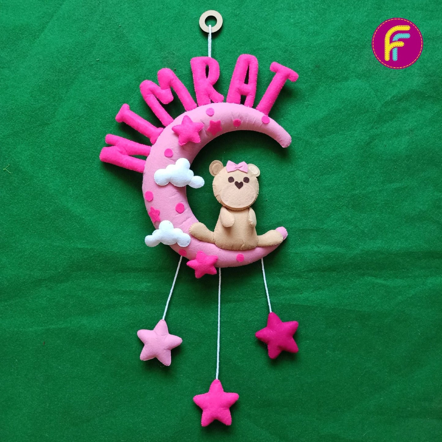 Cute Teddy On Moon | Personalised Felt Kids Hanging