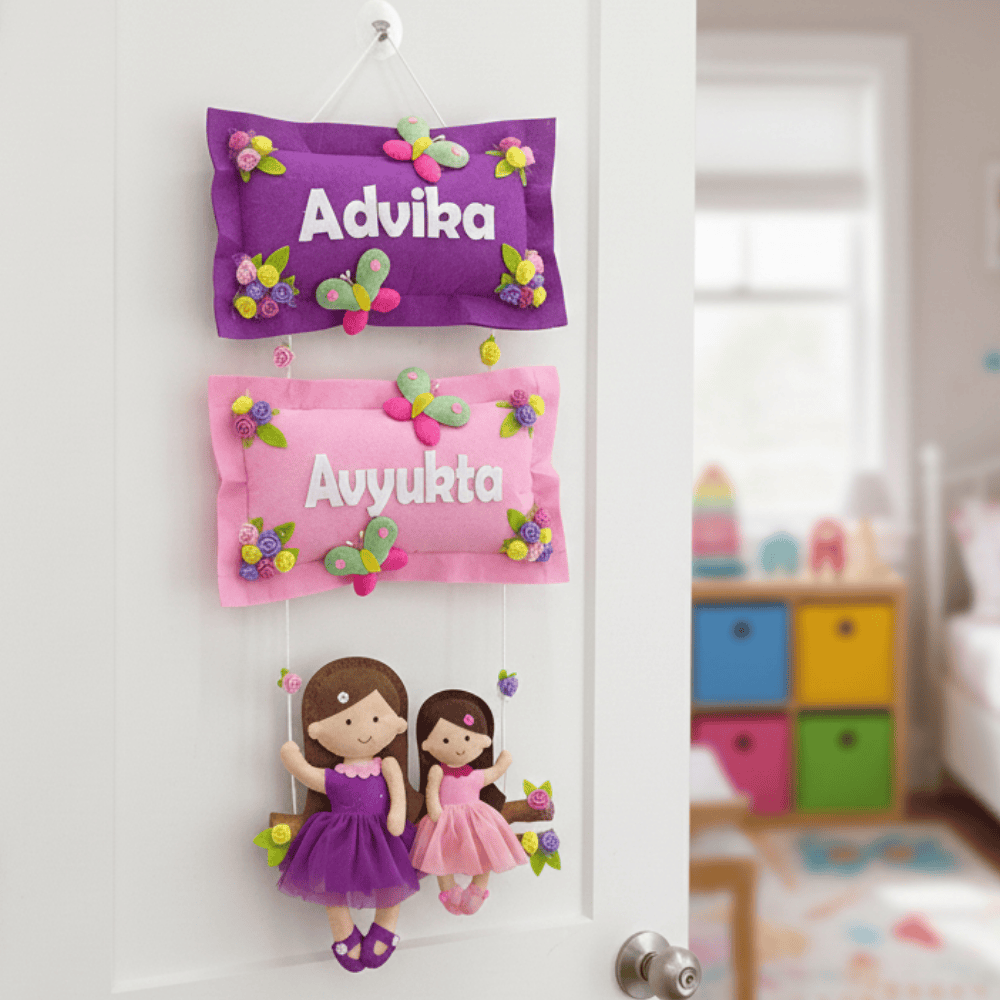 Dolls on Swing | Personalised Felt Kids Hanging for Siblings