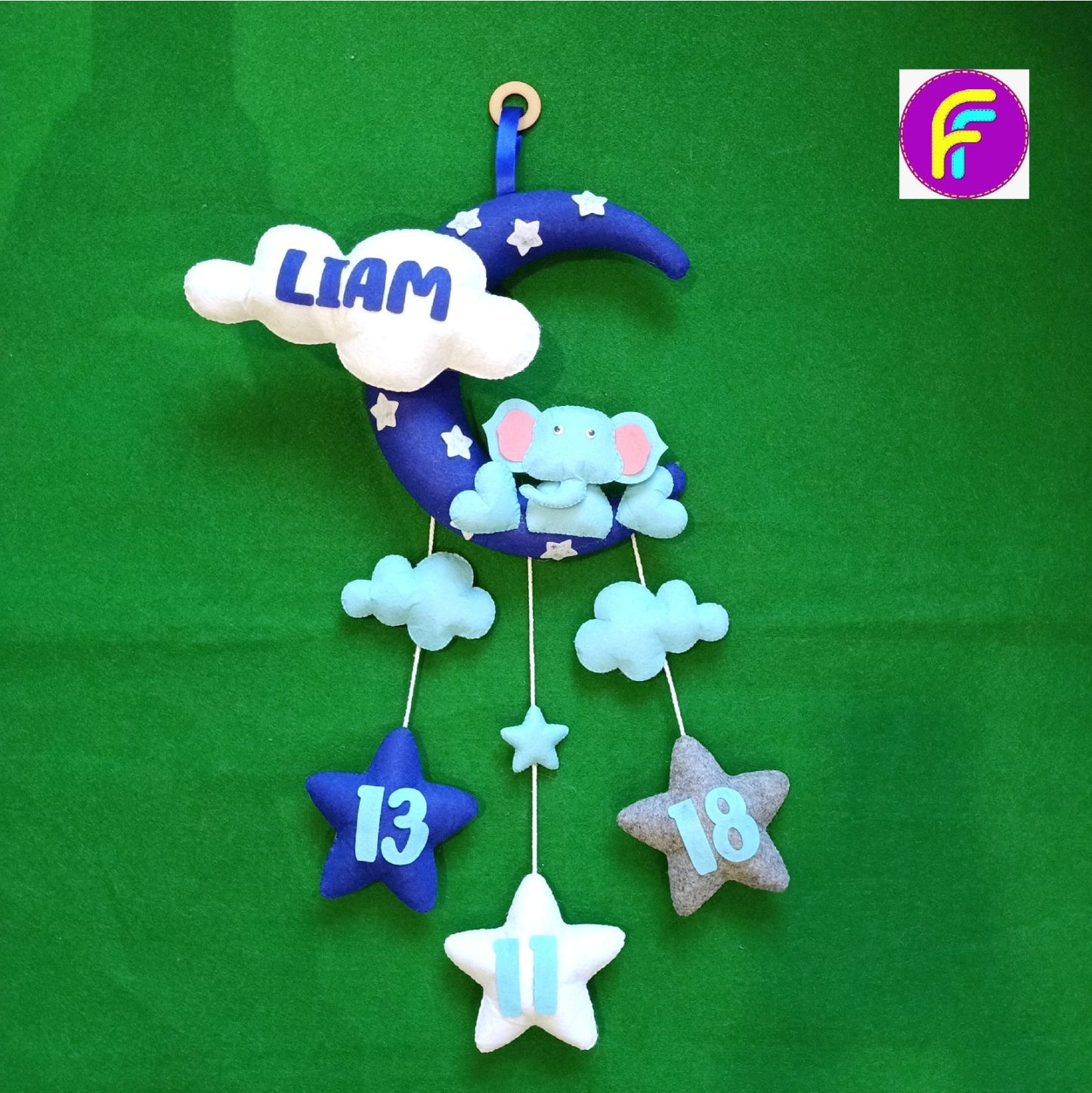 Elephant with Hearts on Moon and Cloud | Personalised Felt Kids Hanging