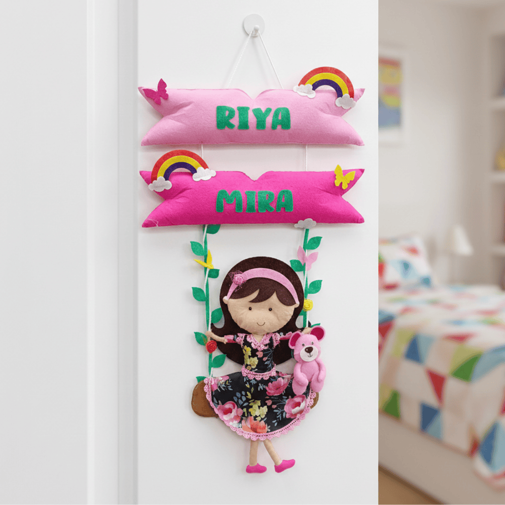 Doll On Swing | Personalised Felt Kids Hanging | Siblings