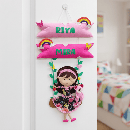 Doll On Swing | Personalised Felt Kids Hanging | Siblings