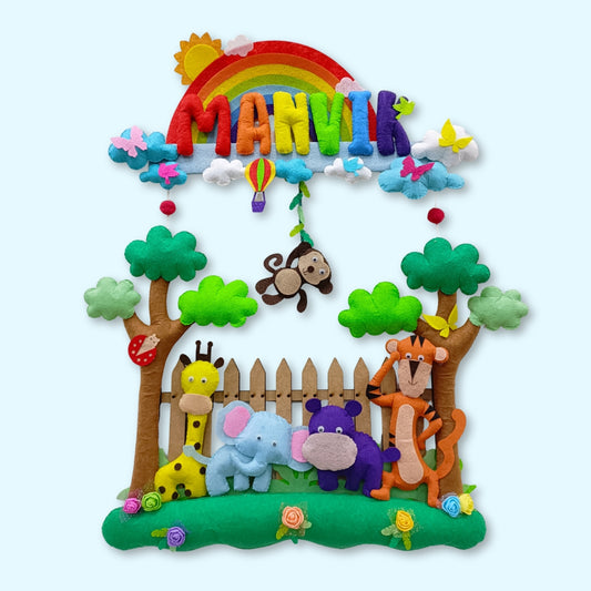 Rainbow Fence with Animals | Personalised Felt Kids Hanging