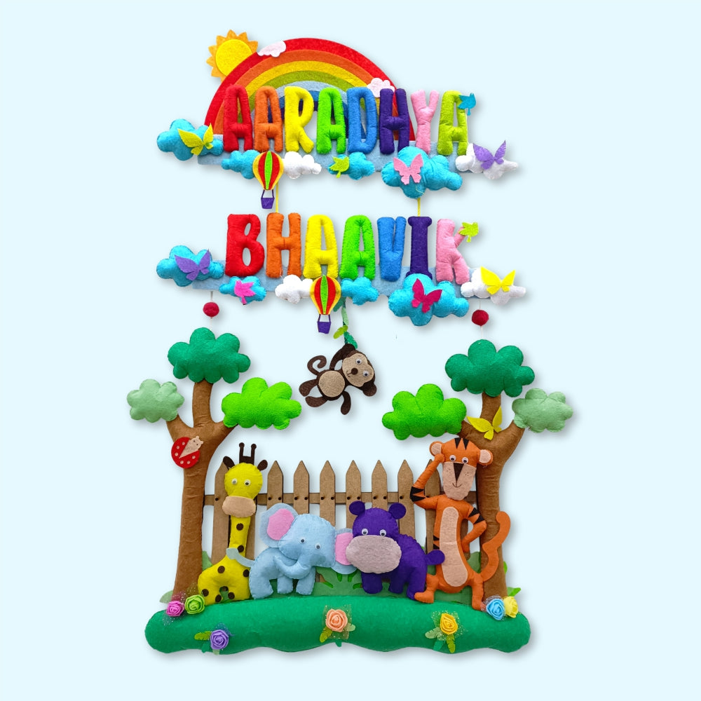 Rainbow Fence with Animals | Personalised Felt Kids Hanging