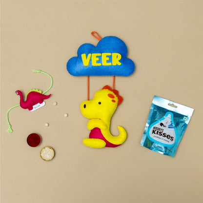 Dino Hanging with Personalised Rakhi, Chocolates, Roli and Chawal | Rakhi Hamper
