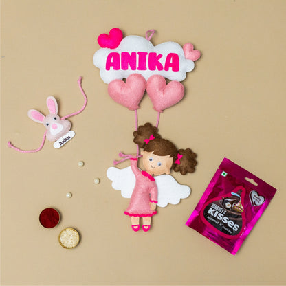 Girl Hanging with Personalised Rakhi, Chocolates, Roli and Chawal | Rakhi Hamper