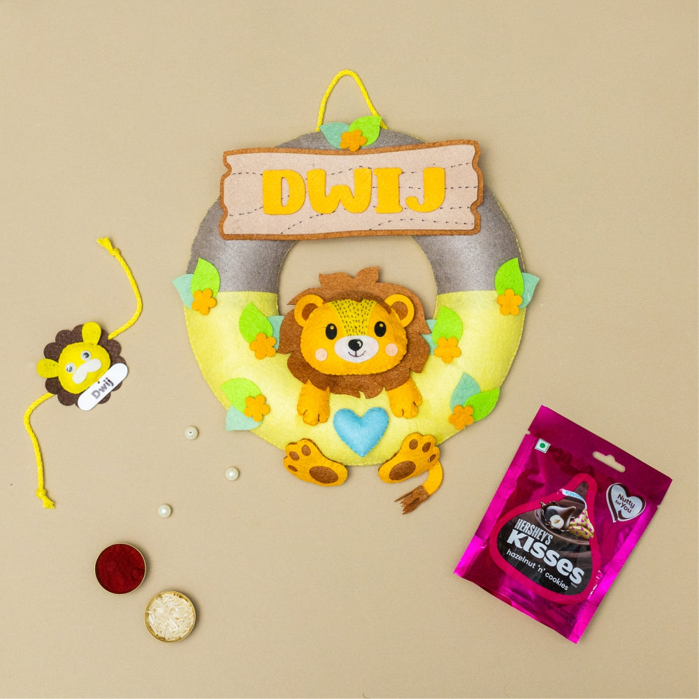 Lion Hanging with Personalised Rakhi, Chocolates,Roli and Chawal | Rakhi Hamper