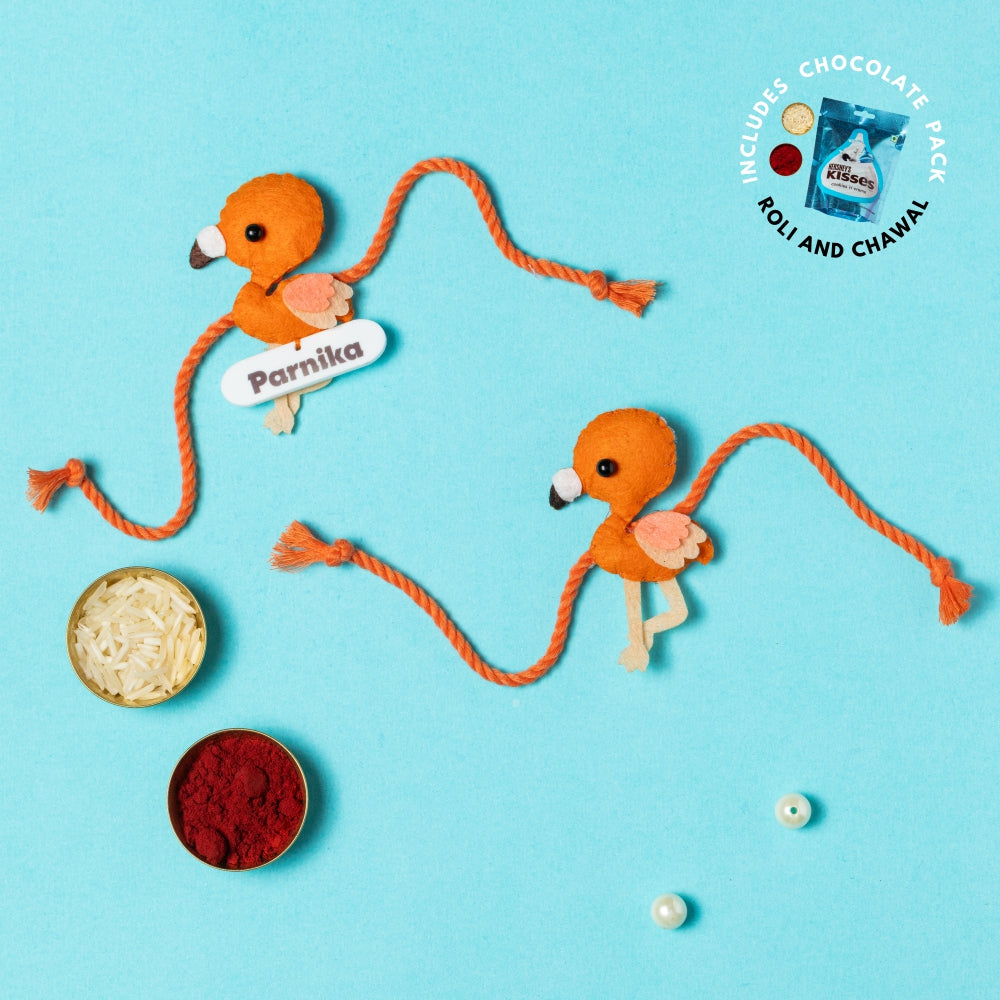 Flamingo Rakhi Combo with Chocolates, Roli and Chawal | Personalised Kids Rakhi