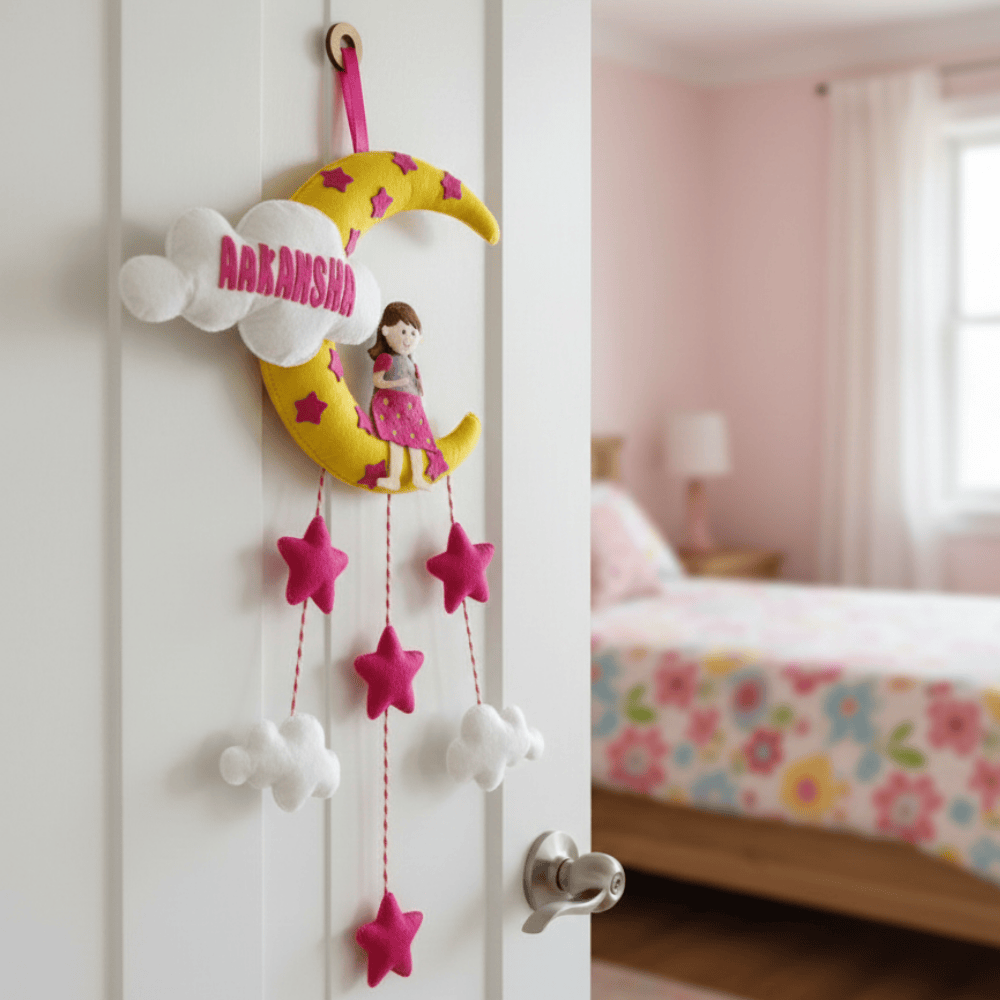 Girl with Moon and Cloud | Personalised Felt Kids Hanging