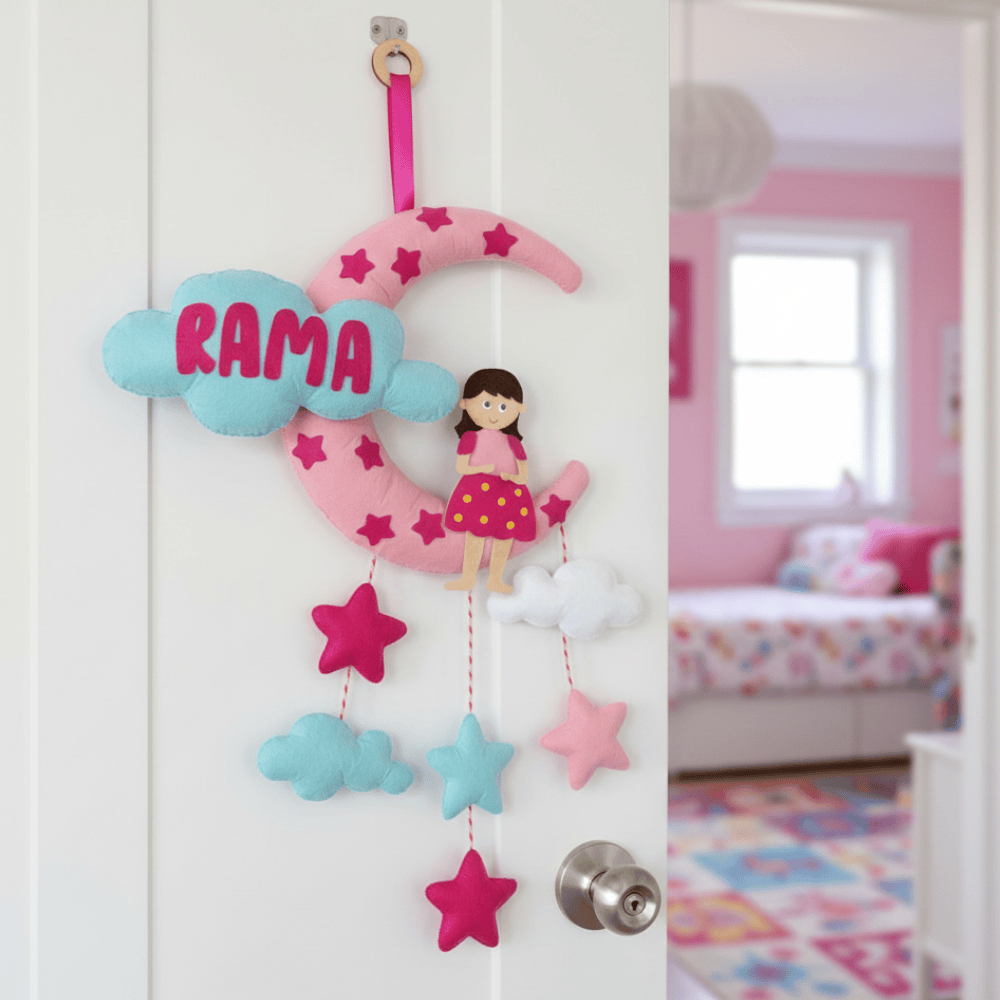 Girl with Moon and Cloud | Personalised Felt Kids Hanging