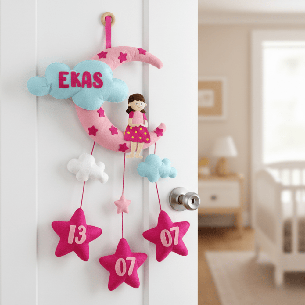 Girl with Moon and Cloud | Personalised Felt Kids Hanging