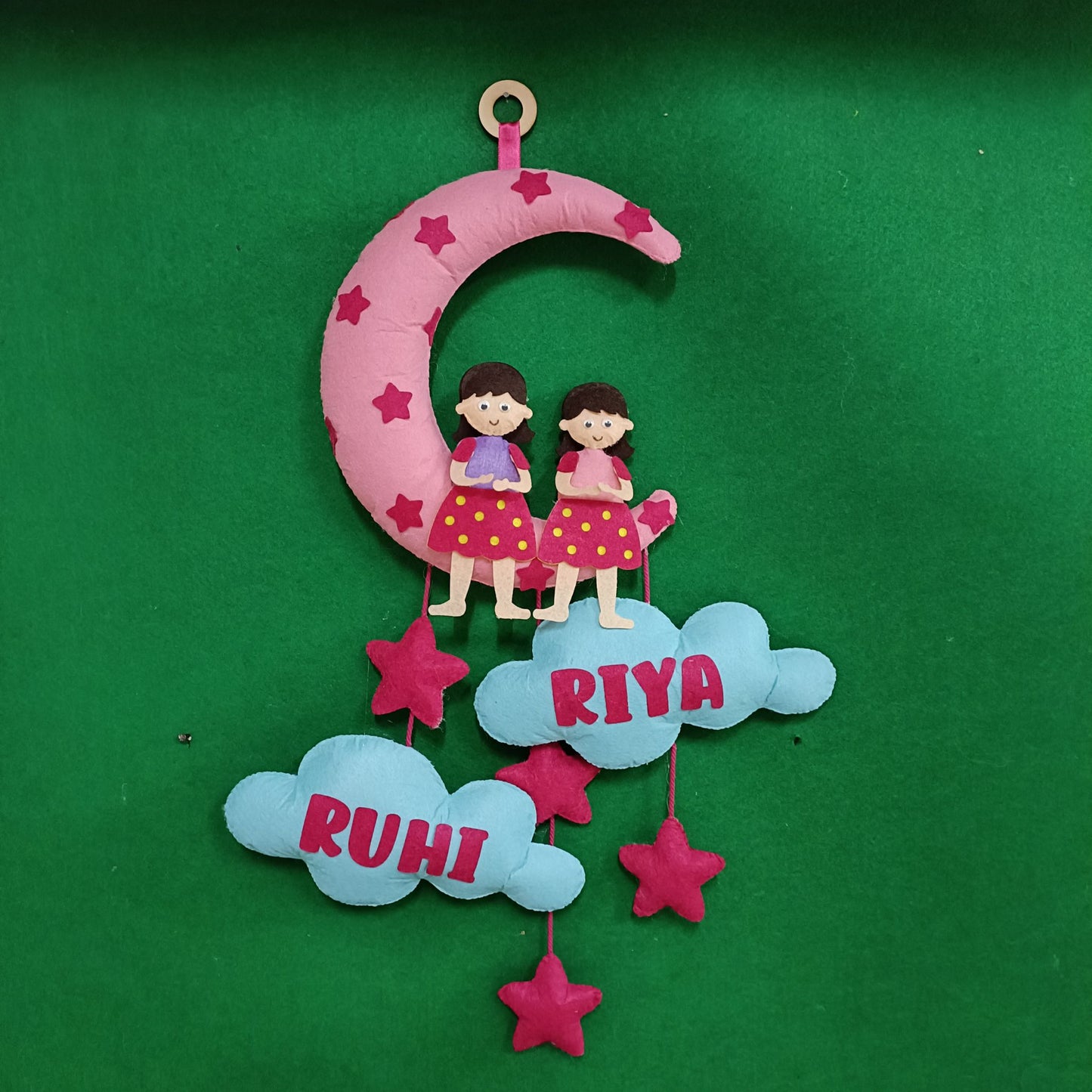 Girl with Moon and Cloud | Personalised Felt Kids Hanging | Sibling