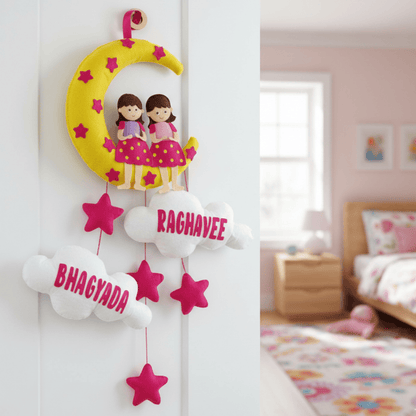 Girl with Moon and Cloud for SIblings | Personalised Felt Kids Hanging