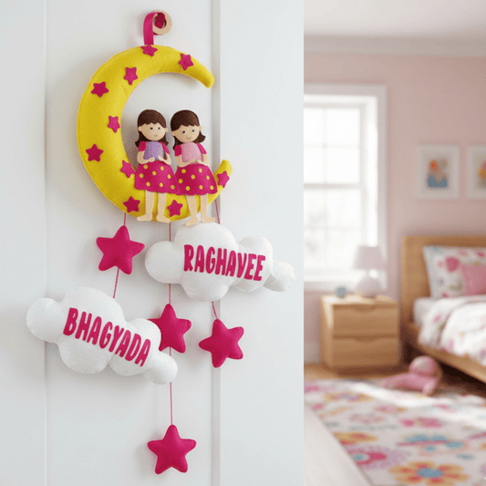 Girl with Moon and Cloud for SIblings | Personalised Felt Kids Hanging