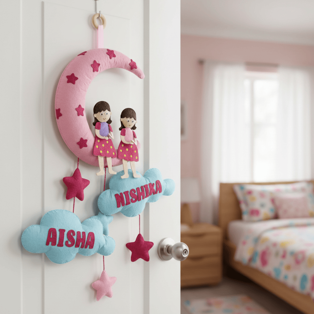 Girl with Moon and Cloud for SIblings | Personalised Felt Kids Hanging