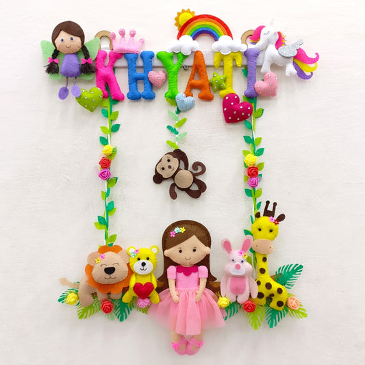 Girl with Nature Buddies | Personalised Felt Kids Hanging | Premium Range