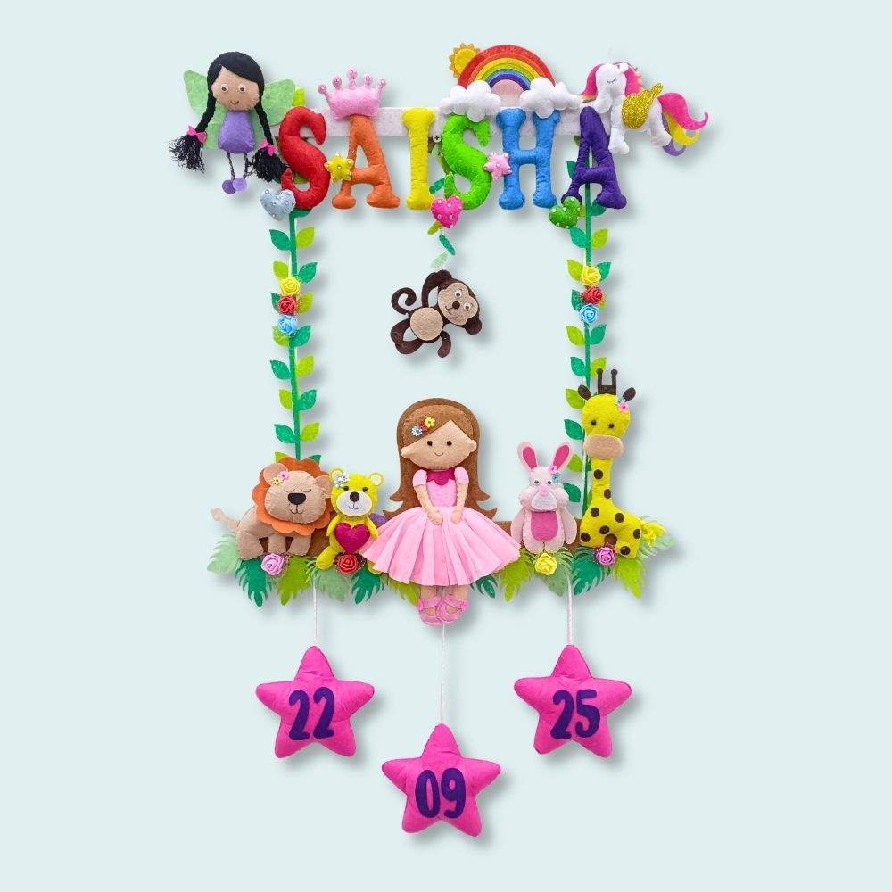 Girl with Nature Buddies | Personalised Felt Kids Hanging | Premium Range